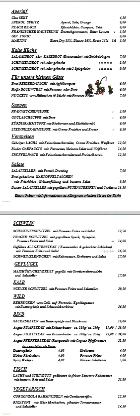Speisekarte &ndash; Aperitifs, Vorspeisen, Suppen, Hauptgerichte